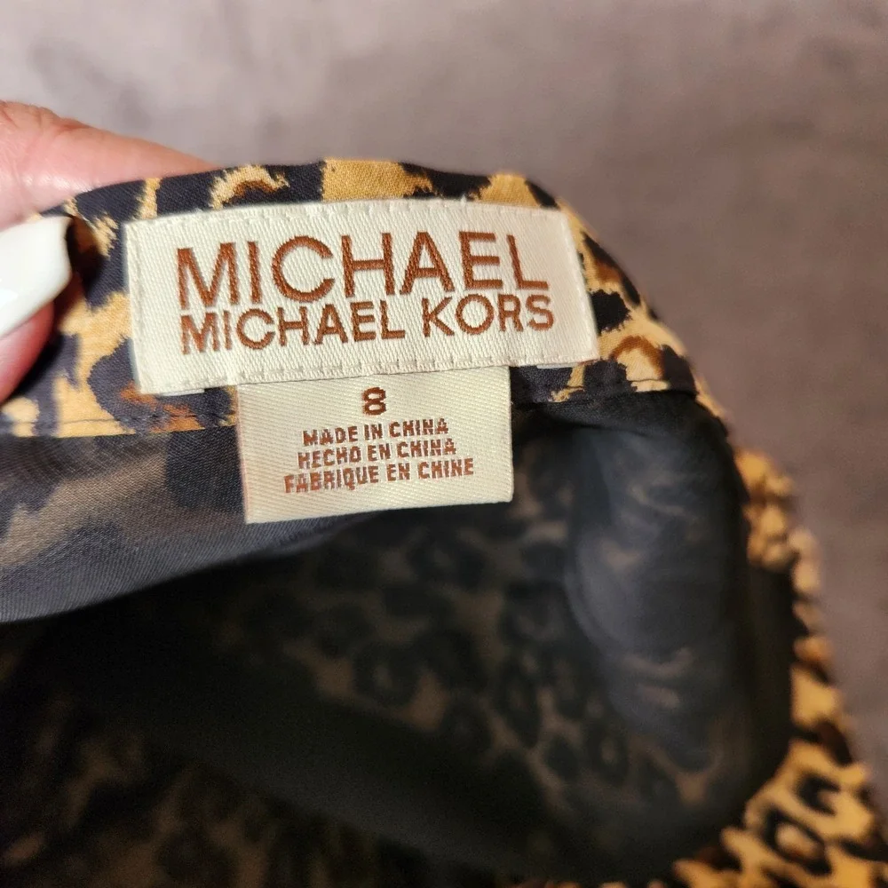 MICHAEL Michael Kors 100% Silk Leopard Print Lined Midi A-Line Skirt Size 8